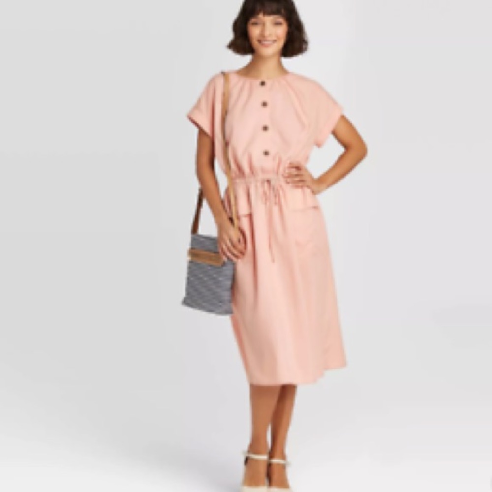 A new day pink cinched waist short sleeve midi dress
